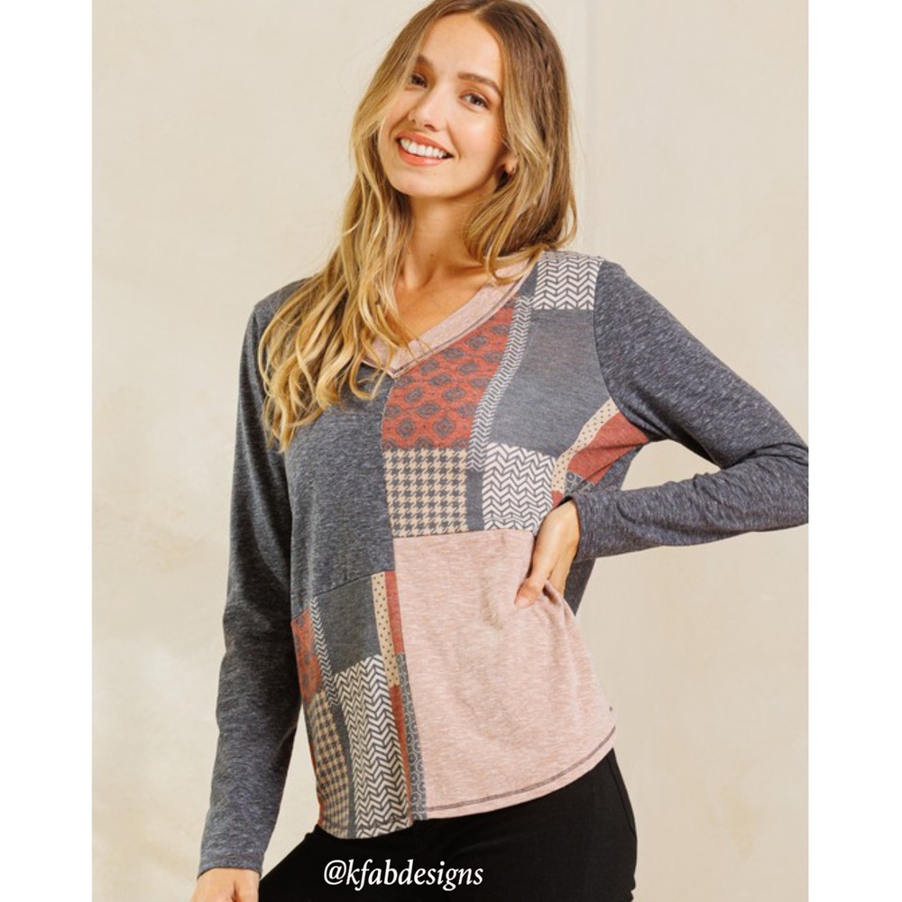 LAST 2! Beautiful V Neck Soft Knit Color Block Print Top! - Picture 2 of 5